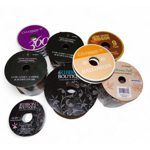 Craft Ribbon Lot 8 Sealed Spools Plaid Floral Zig Zig Harvest Trick or Treat - Picture 2 of 2